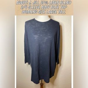 NWOT! J. Jill 55% Linen Blend 3/4 Sleeve Navy Blue Top Womens Size Large Tall